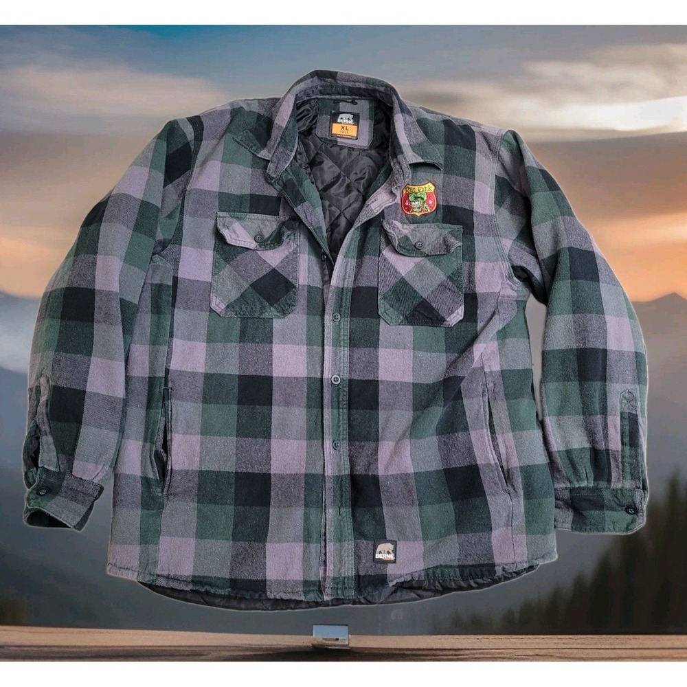 Berne Flannel Shirt Jacket Mens XL Tall Green Plaid Quilted Lining Insulated